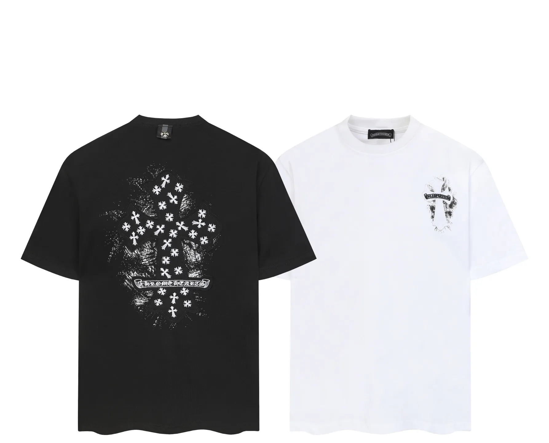 P150 💰 Actual pictures [High-end quality] Code: 8915# Color: Black White Size: S to XXL 2026ss Internet celebrity cross 🔥New Chrome Hearts 320g customized fabric Chrome heart round neck short sleeves 🔥Cross burnt appliqué embroidered men and women loose version